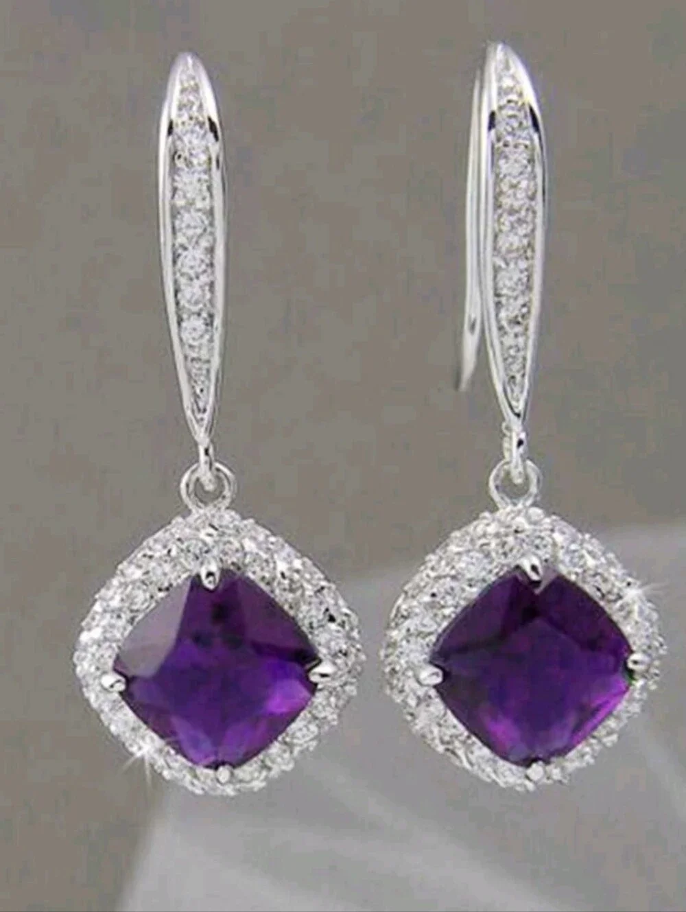 Dainty Purple Silver-Tone Amethyst Halo Drop Earrings Classy Wedding Prom Party